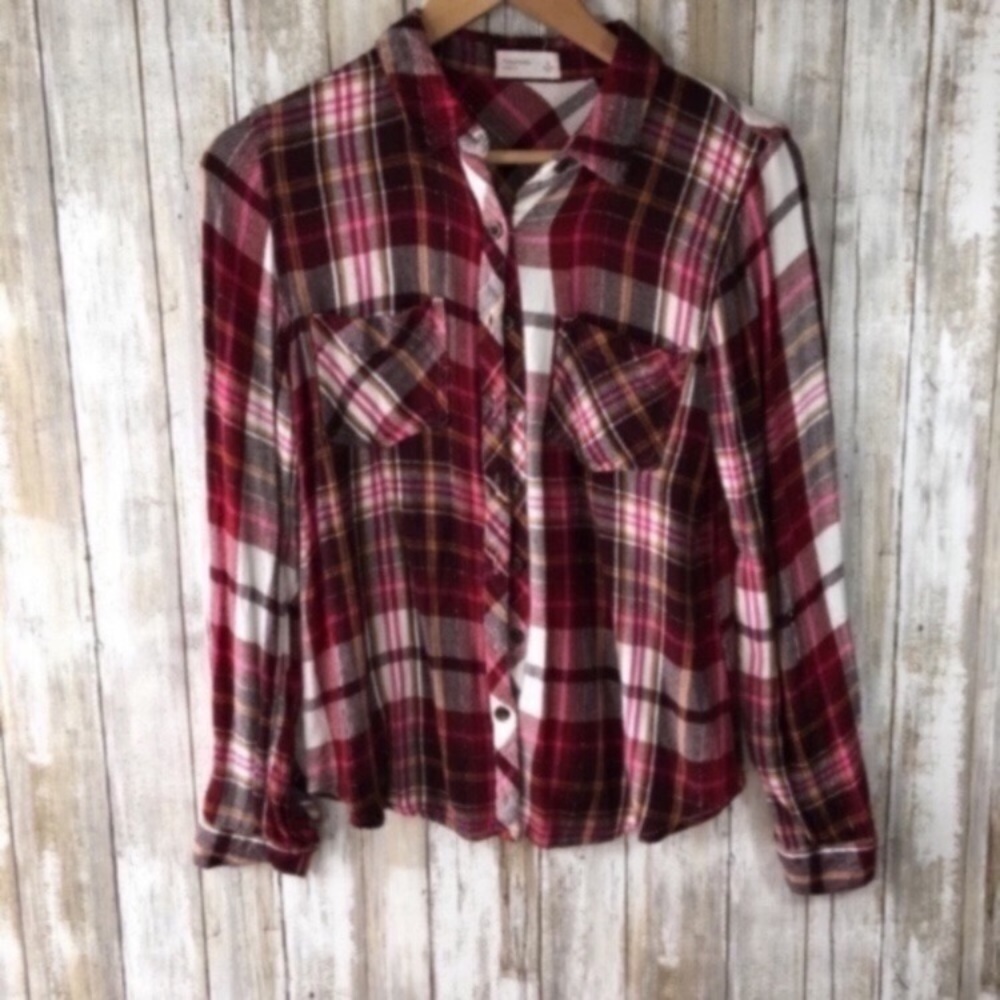 Maurices Red Relaxed Fit Plaid Button Down